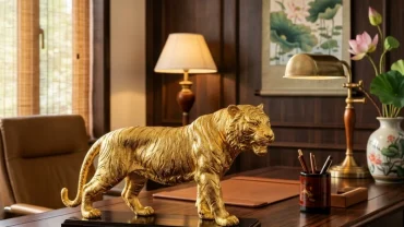 Tượng hổ mạ vàng cao cấp làm quà tặng phong thủy cho người tuổi Dần đặt trên bàn gỗ làm việc
