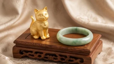 Tượng linh vật Kim Miêu mạ vàng và các vật phẩm phong thủy trưng bày làm quà tặng cho người tuổi Mão