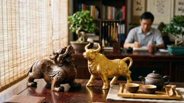 Tượng trâu tài lộc và bộ quà tặng phong thủy cho người tuổi sửu trên bàn làm việc bằng gỗ