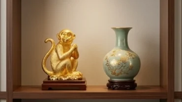 Quà tặng phong thủy cho người tuổi thân mạ vàng tinh xảo trưng bày trên kệ gỗ tự nhiên sang trọng