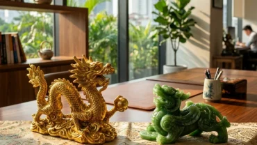 Tượng rồng mạ vàng và tỳ hưu ngọc bích làm quà tặng phong thủy cho người tuổi thìn đặt trên bàn làm việc