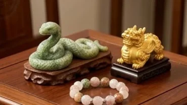 Bộ sưu tập quà tặng phong thủy cho người tuổi Tỵ gồm tượng linh vật và vòng tay đá tự nhiên