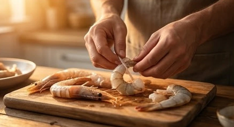 Bàn tay người đang tỉ mỉ làm sạch và bóc vỏ những con tôm tươi sống trên mặt thớt gỗ