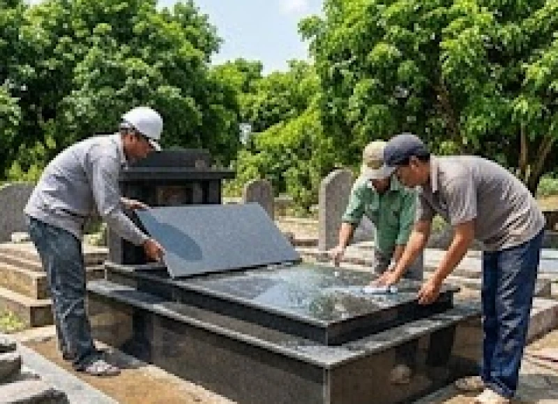 Văn khấn sửa mộ phần gia tiên: Trọn bộ bài cúng đúng nghi thức 2 Đội thợ đang cẩn thận ốp đá và vệ sinh bề mặt lăng mộ sau khi hoàn tất các thủ tục cúng bái