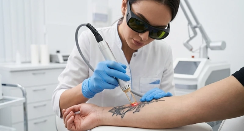 Kỹ thuật viên thực hiện quá trình xóa vết mực xăm cũ bằng tia laser trên cánh tay