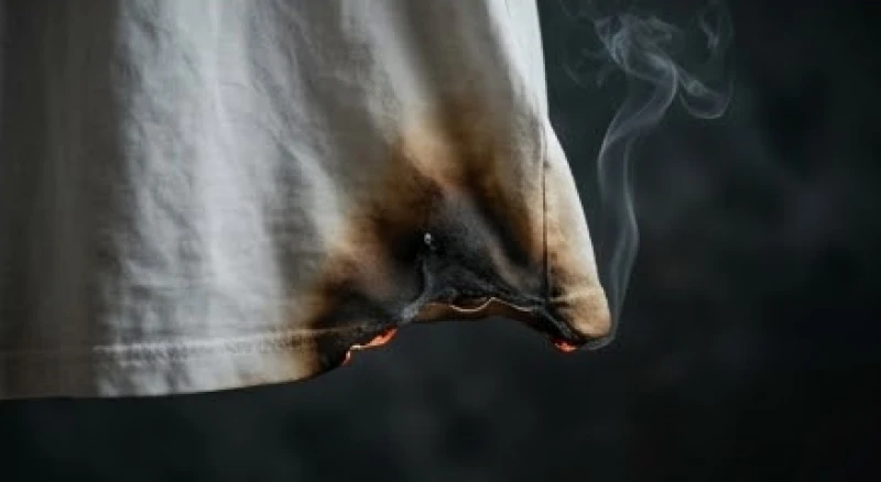 Phần gấu áo bằng vải cotton bị ngọn lửa làm cháy xém một góc nhỏ trên nền tối
