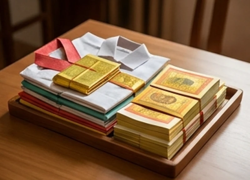 Văn khấn giỗ hết mẹ chuẩn nghi thức: Bài cúng Hiển Tỷ và xả tang 5 Bộ quần áo giấy trang nhã cùng tiền vàng mã được xếp ngay ngắn trên khay sạch để chuẩn bị hóa.