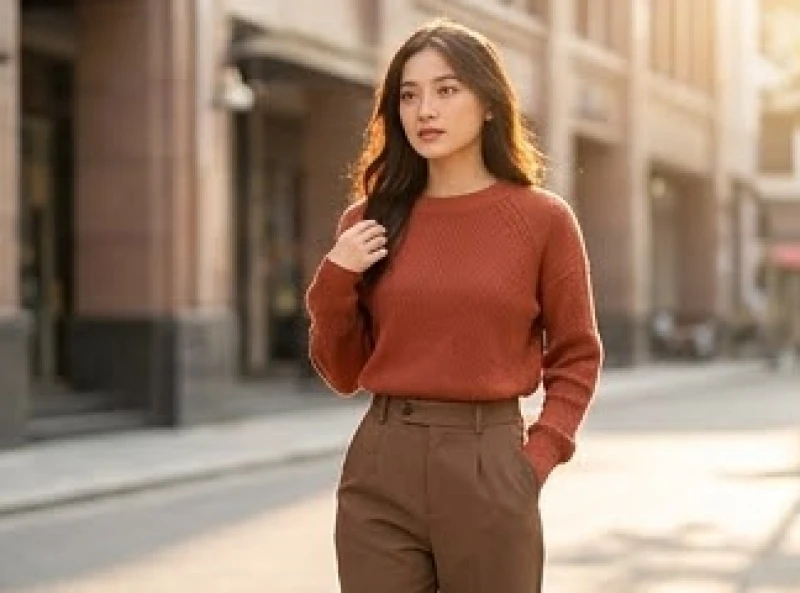 Người mẫu diện set đồ len màu gạch phối quần nâu tây sang trọng và ấm áp