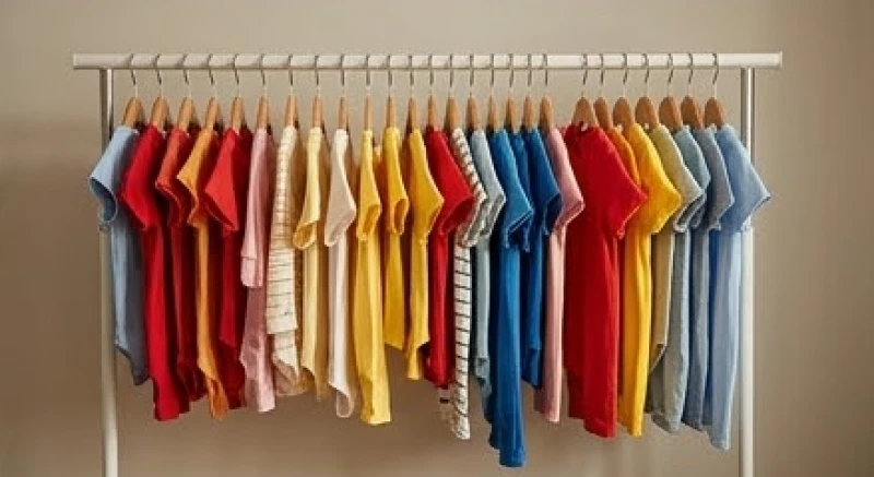 Nhiều bộ quần áo trẻ em với đủ các màu sắc tươi sáng như đỏ, vàng, xanh được treo gọn trên móc