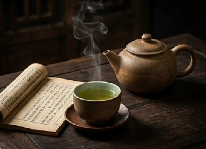 Tuổi Bính Ngọ 2026: Tử Vi Nam Nữ Mạng, Sinh Con Và Phong Thủy 9 Bàn trà thiền tĩnh lặng với chén trà nóng và quyển sách cổ giúp xoa dịu tinh thần