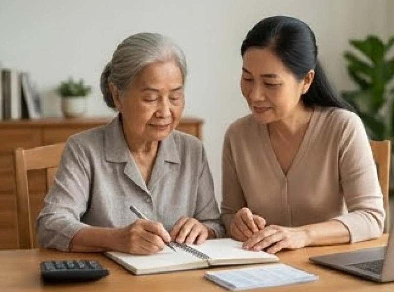 Hai mẹ con cùng xem xét sổ sách chi tiêu gia đình một cách thận trọng và chi tiết