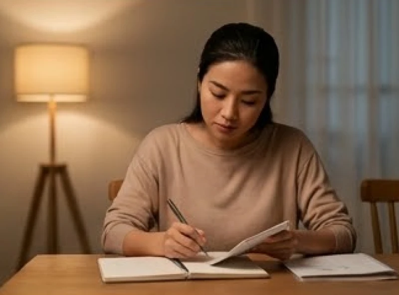 Người vợ cẩn thận ghi chép các khoản chi tiêu gia đình vào sổ tay dưới ánh đèn vàng ấm áp