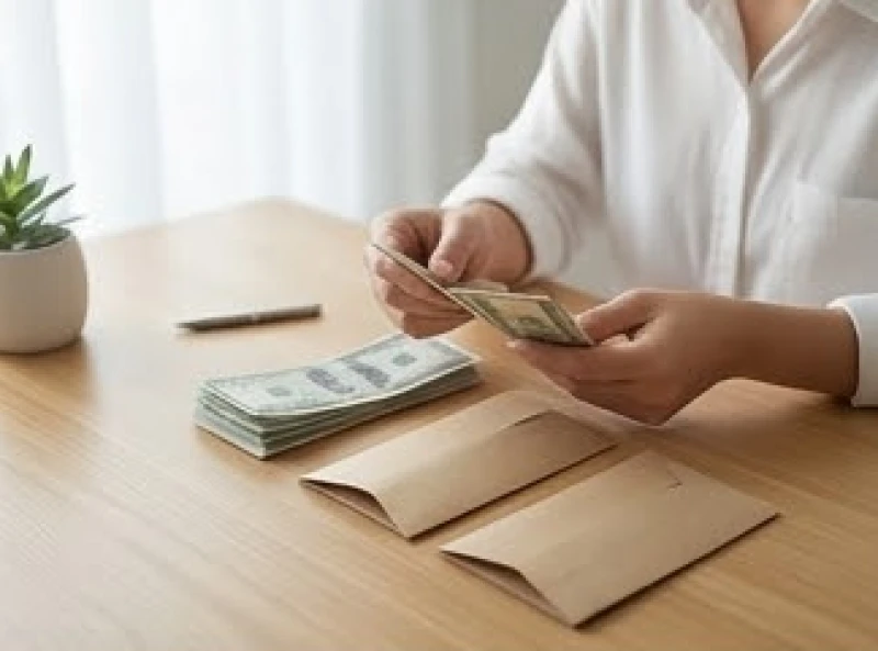 Một người đang cẩn thận phân bổ tiền bạc vào các phong bì tiết kiệm nhằm thắt chặt tài chính trong những tháng xấu