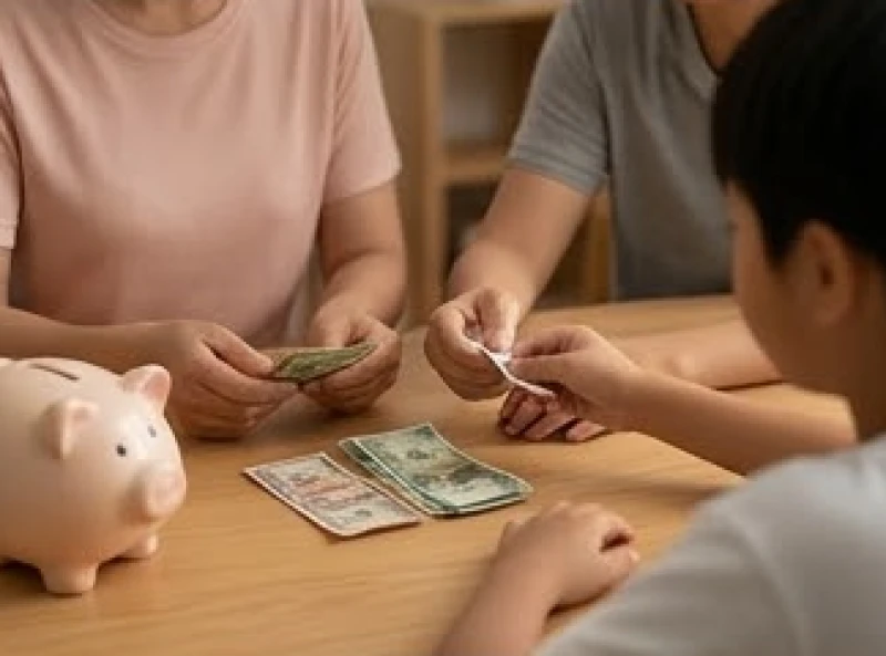 Một khoản tiền lẻ và chú heo đất nhỏ được đặt ngay ngắn trên góc bàn học bằng gỗ