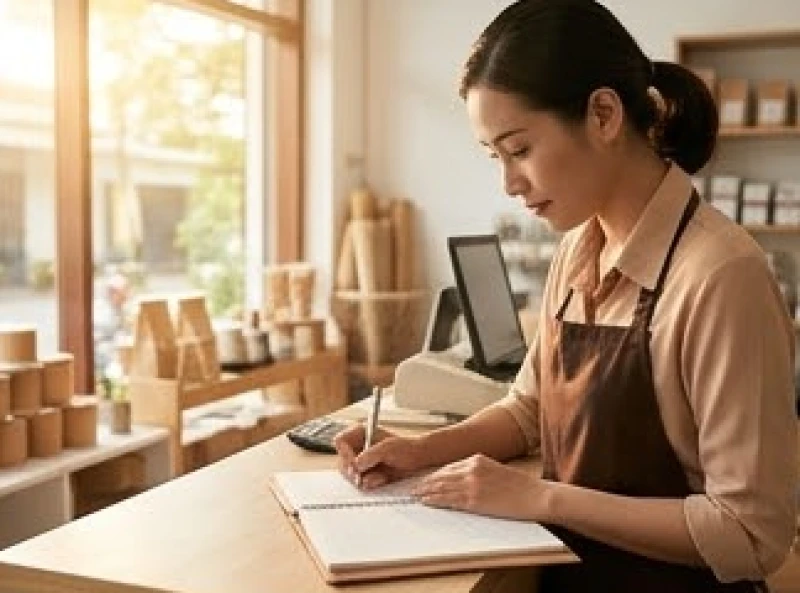 Chủ cửa hàng bán lẻ quy mô nhỏ đang tỉ mỉ kiểm tra sổ sách và hàng hóa