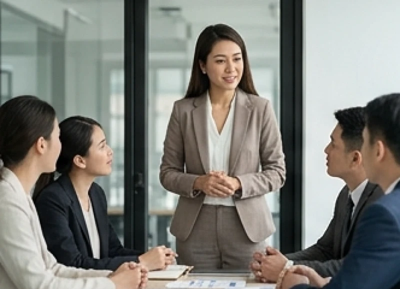 Nữ quản lý tuổi Ất Sửu đang hướng dẫn công việc cho đội nhóm mới trong văn phòng