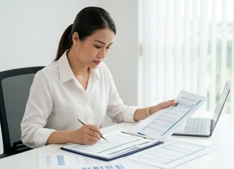 Chuyên viên kế toán nữ kiểm tra kỹ lưỡng báo cáo thu chi bên cạnh các sổ sách tài chính