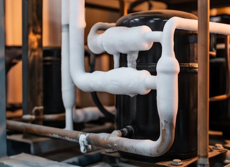 Hệ thống máy nén và đường ống dẫn khí gas trong kho lạnh công nghiệp bị đóng lớp sương giá dày đặc