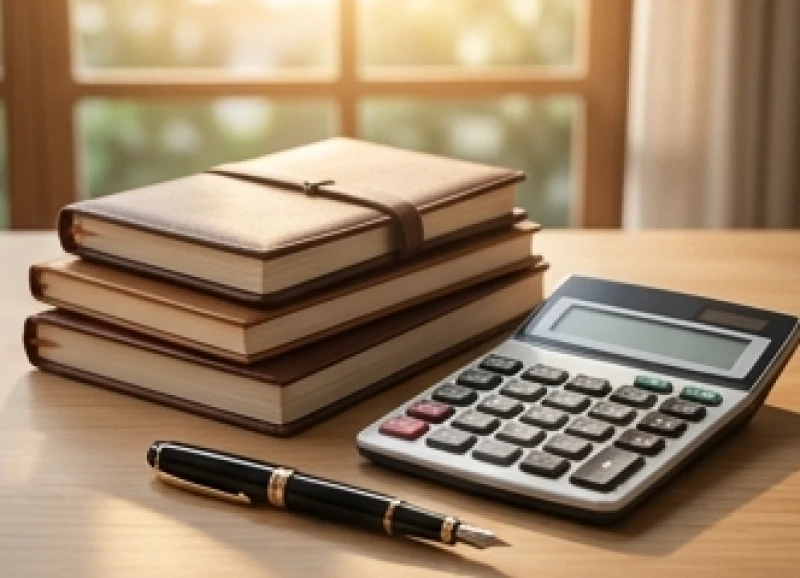 Tử vi tuổi Giáp Dần 1974 năm 2026: Lịch 12 tháng và giải hạn 3 Sổ sách kế toán và máy tính được sắp xếp gọn gàng trên bàn làm việc bằng gỗ