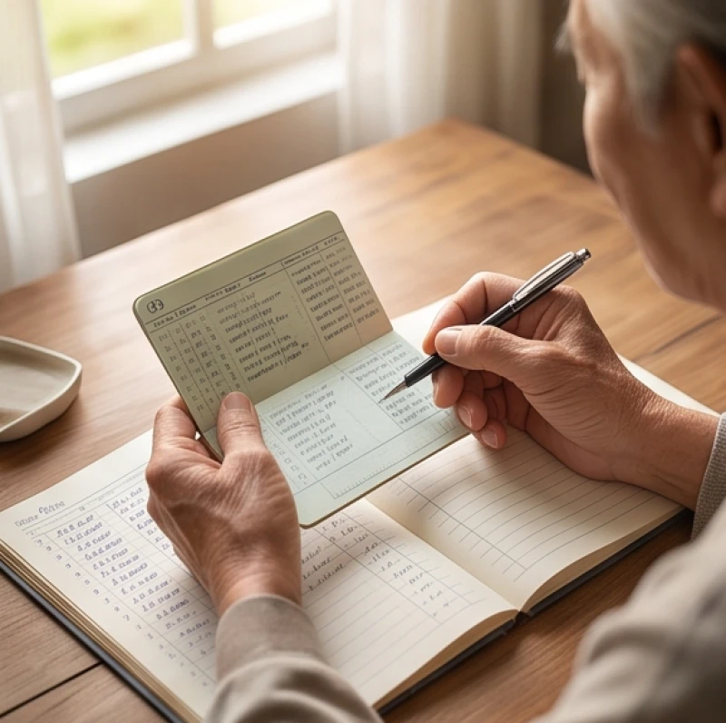 Tử vi tuổi Ất Mùi 1955 năm 2027: Tra đại hạn và cách cúng sao 6 Đôi bàn tay người cao tuổi đang cẩn thận kẹp cuốn sổ tiết kiệm và lật giở những trang sổ ghi chép chi tiêu