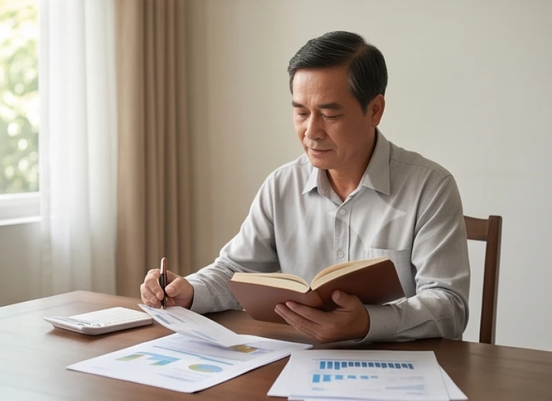 Đường tình duyên tuổi Ngọ: Mức độ hợp khắc và cách hóa giải 11 Người đàn ông điềm đạm đang ngồi đọc sách và phân tích tài liệu tài chính tại một góc làm việc yên tĩnh