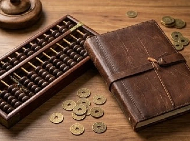 Tử vi tuổi Mùi năm 2027: Bảng tra sao hạn và phong thủy hóa giải 4 Cuốn sổ kế toán ghi chép chi tiết đặt cạnh chiếc bàn tính bằng gỗ và vài đồng xu cổ