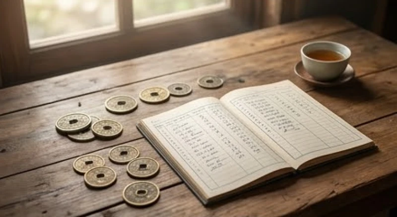 Sổ sách ghi chép và tiền xu cổ được sắp xếp gọn gàng trên chiếc bàn làm việc bằng gỗ mộc mạc