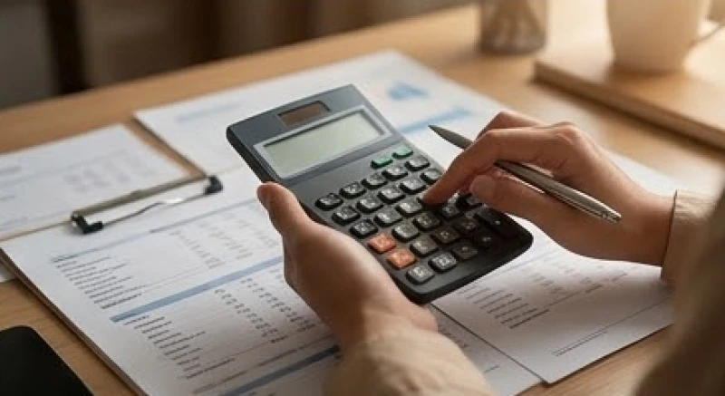 Một người đang xem xét các giấy tờ tài chính và cầm máy tính cẩn thận trước khi đưa ra quyết định đầu tư.