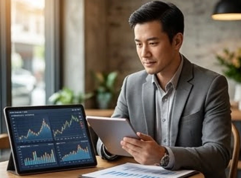 Người đàn ông đang đăm chiêu quan sát biểu đồ tài chính trên máy tính bảng để quản lý dòng tiền