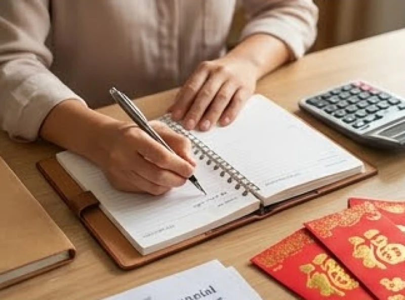 Người phụ nữ đang ghi chép và phân bổ ngân sách chi tiêu cẩn thận vào dịp đầu xuân.