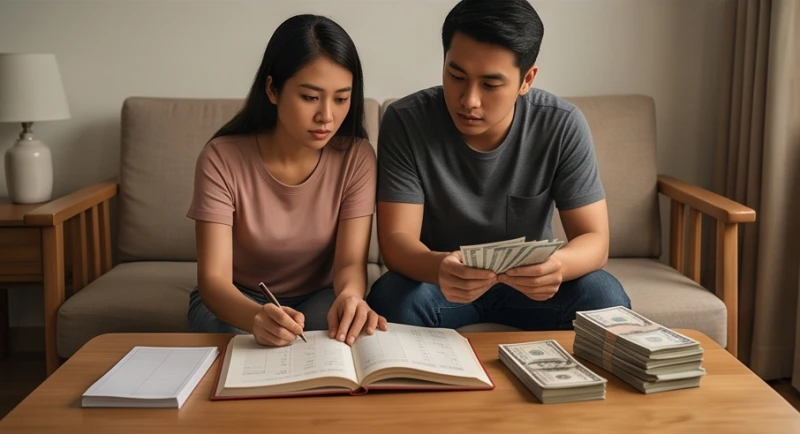 Mơ thấy mất vàng là điềm gì: Luận giải kịch bản & bộ số may mắn 6 Cặp vợ chồng trẻ đang ngồi cùng nhau tính toán sổ sách và sắp xếp lại quỹ dự phòng trên bàn phòng khách