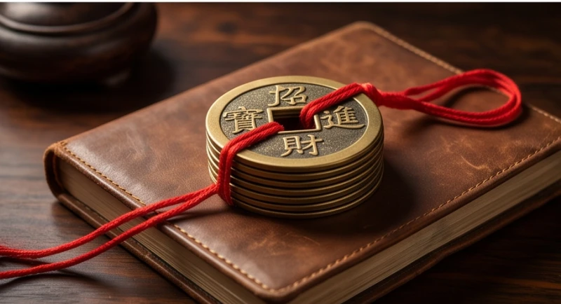 Những đồng tiền cổ bằng đồng xếp chồng cẩn thận bên cạnh cuốn sổ tay tài chính