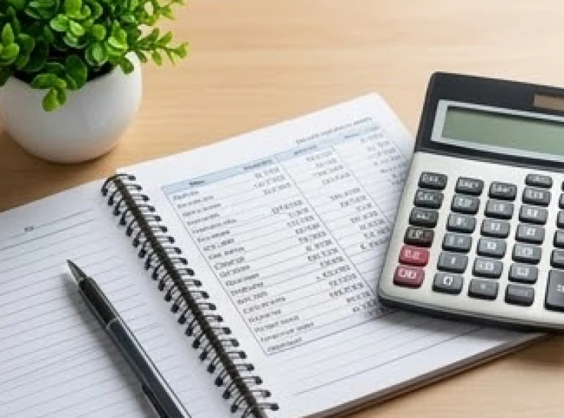 Quyển sổ ghi chép kế toán và chiếc máy tính cá nhân đặt cạnh chậu cây xanh tươi