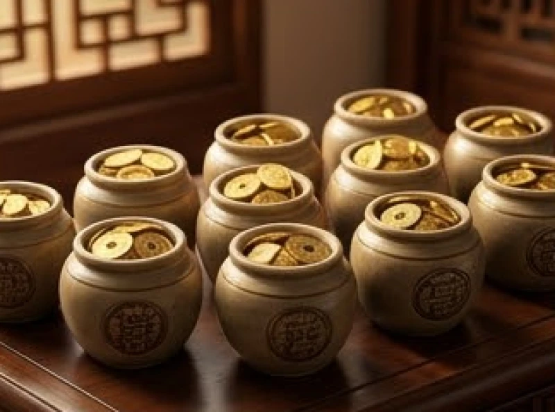 Tài lộc tuổi Mùi: Bản đồ dòng tiền 2026 và vị trí chiêu tài 5 Những đồng tiền vàng được chia đều vào các hũ gốm nhỏ thể hiện cách phân bổ và bảo vệ vốn an toàn