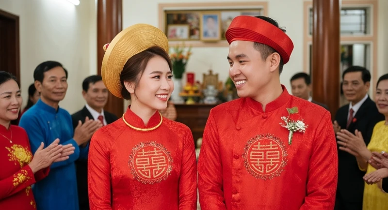 Đám cưới gặp đám ma là điềm gì: Cách nhường đường & hóa giải 1 Cô dâu chú rể mỉm cười rạng rỡ trong trang phục áo dài truyền thống giữa không gian tiệc cưới ấm áp