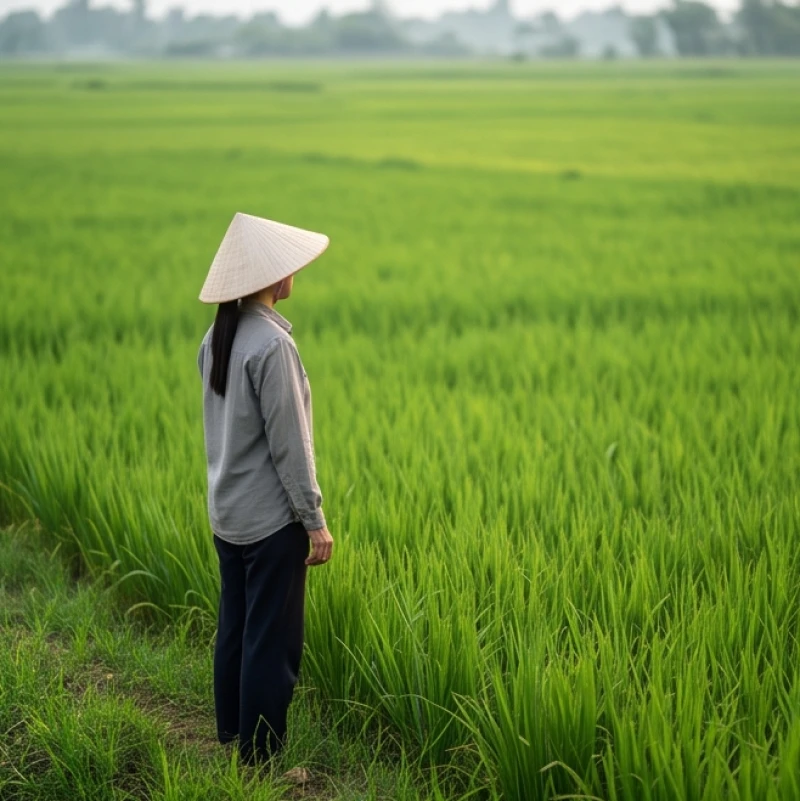 Mơ thấy mình đi cấy lúa: Giải mã tâm lý & sổ mơ tài lộc 6 Người nông dân đứng thong thả ngắm nhìn cánh đồng lúa rộng lớn đang vươn lên mạnh mẽ dưới ánh nắng