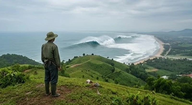 Mơ thấy thiên tai: Giải mã điềm báo và con số may mắn 4 Người đứng an toàn trên ngọn đồi xanh mướt bình tĩnh quan sát cơn sóng thần cuộn trào ngoài khơi xa