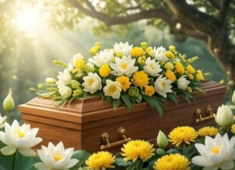 Chiếc quan tài gỗ được phủ đầy những bông hoa tươi thắm rực rỡ biểu trưng cho sự vinh danh