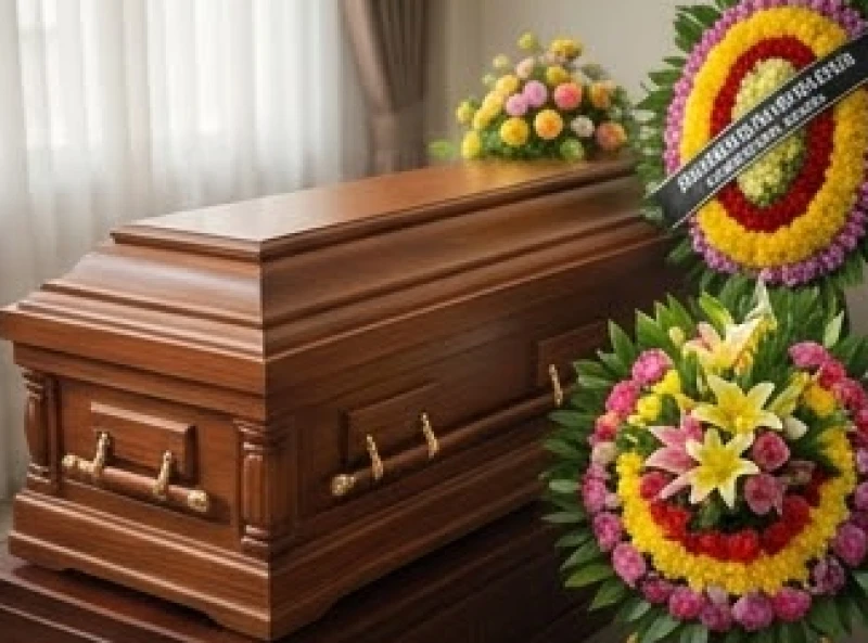 Mơ thấy đám ma: Giải mã điềm báo lành dữ và sổ mơ chuẩn xác 6 Một cỗ quan tài bằng gỗ đóng kín đặt cạnh những vòng hoa tang rực rỡ trong không gian trang nghiêm