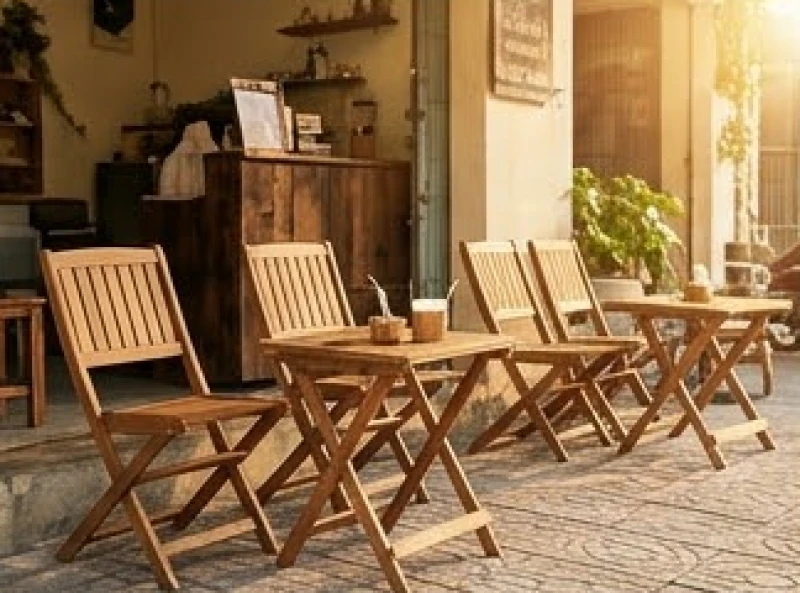 Góc quán nước mộc mạc trang bị bàn ghế gỗ dăm ép chéo chân ngoài trời