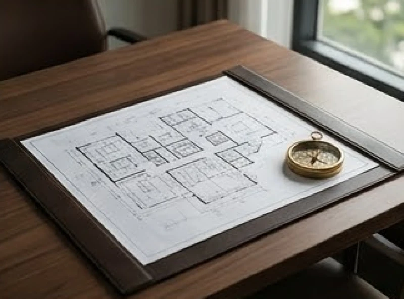 Sơ đồ quy hoạch bất động sản được vạch ra chi tiết trên bàn làm việc bằng gỗ của người lãnh đạo