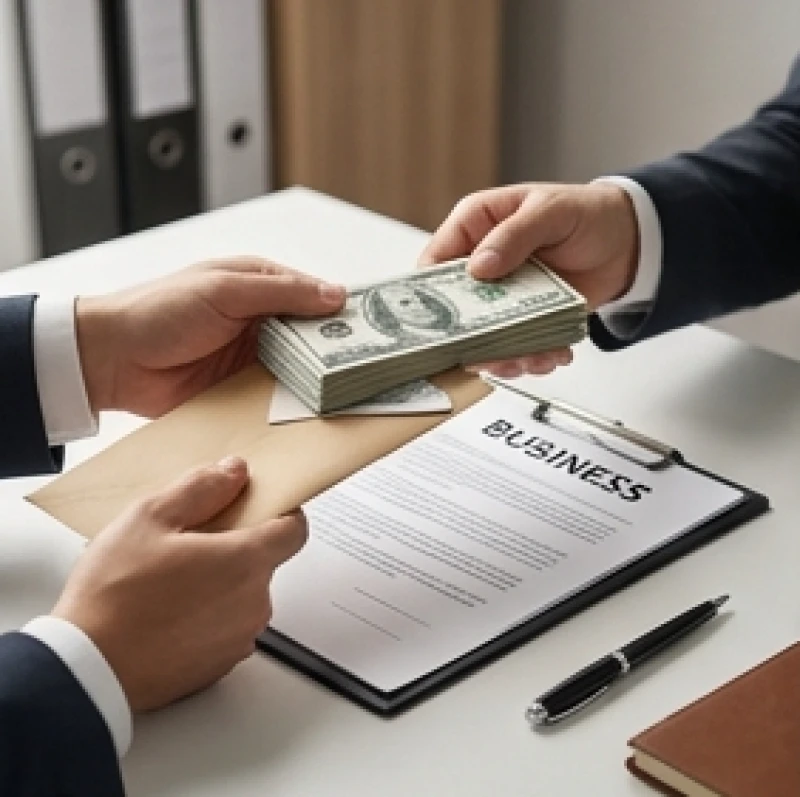 Bàn tay đang trao đổi một phong bì tiền mặt và hợp đồng giao dịch trên mặt bàn