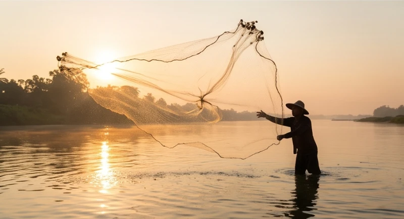 Ngư dân đang dang rộng tấm lưới lớn trên mặt sông tĩnh lặng để vây bắt đàn cá chép