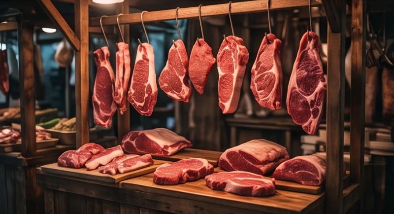 Quầy bán thịt bò tươi với những tảng thịt chất lượng cao, phản ánh dòng tiền lưu thông và cơ hội kinh doanh