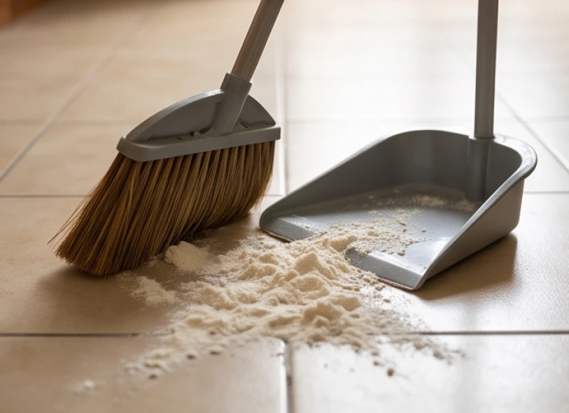 Chổi lông cứng và đồ hót rác đang thu gom những cục bột mì bở vụn đã ngấm đầy dầu ăn trên nền gạch bếp