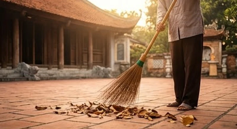 Chiếc chổi tre quét sạch những lớp lá rụng phủ đầy trên sân gạch nung đỏ trong khuôn viên chùa cổ