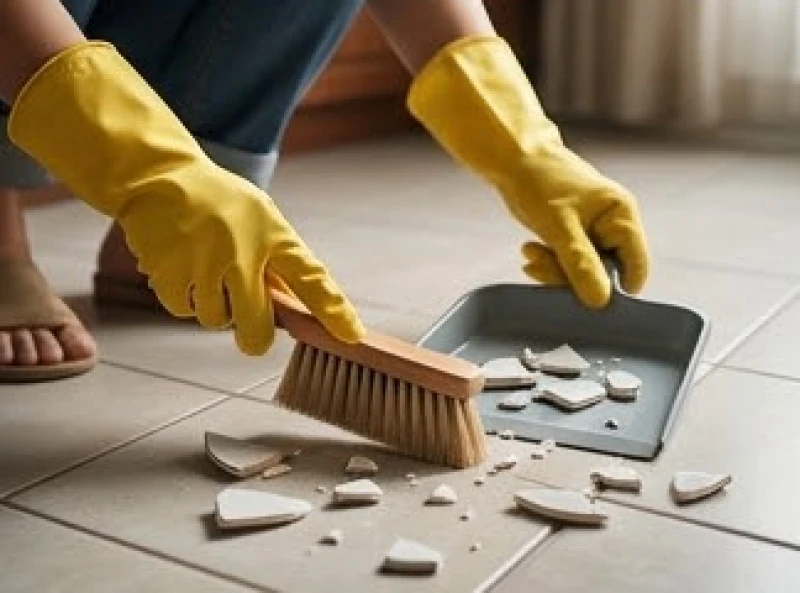 Người đeo găng tay cao su đang dùng chổi cẩn thận quét gọn các mảnh vụn gốm sứ