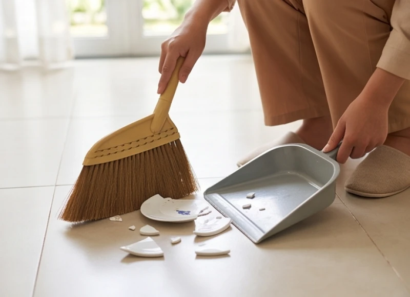 Lời tạ lễ sau khi cúng: Bài khấn chuẩn và trình tự hạ lễ 10 Sử dụng chổi nhỏ và ki hốt rác để dọn sạch mảnh vỡ của đĩa sứ trên sàn nhà nhằm đảm bảo an toàn vật lý
