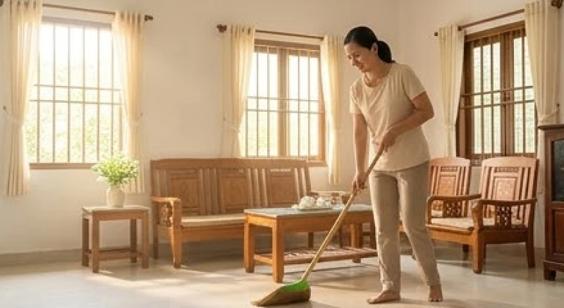 Mơ thấy dọn dẹp nhà cửa: Điềm báo tâm linh và góc nhìn tâm lý 1 Người phụ nữ cầm chổi quét dọn phòng khách ngập tràn ánh nắng mang lại cảm giác dễ chịu