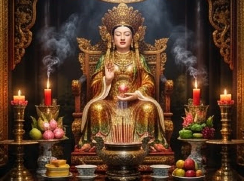 Văn khấn Đền Quốc Mẫu Tây Thiên: Văn bản chuẩn & Hướng dẫn sắm lễ 2 Tượng thờ Quốc Mẫu Lăng Thị Tiêu với trang phục uy nghi đặt giữa không gian điện thờ nghi ngút khói hương